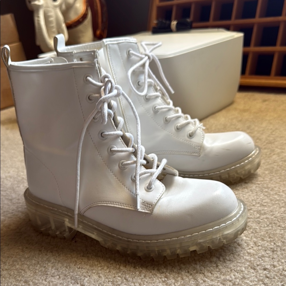 White Combat Moto Boots with Chunky Sole